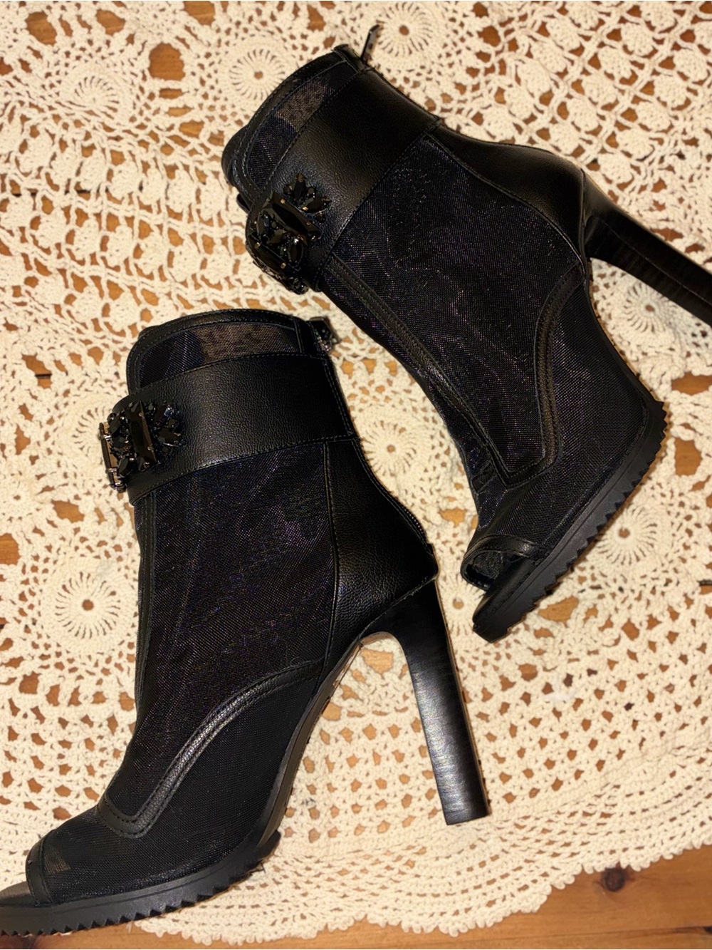 NWOT Karl Lagerfeld Paris Black Mesh Peep-Toe High Heel Booties - Picture 13 of 15